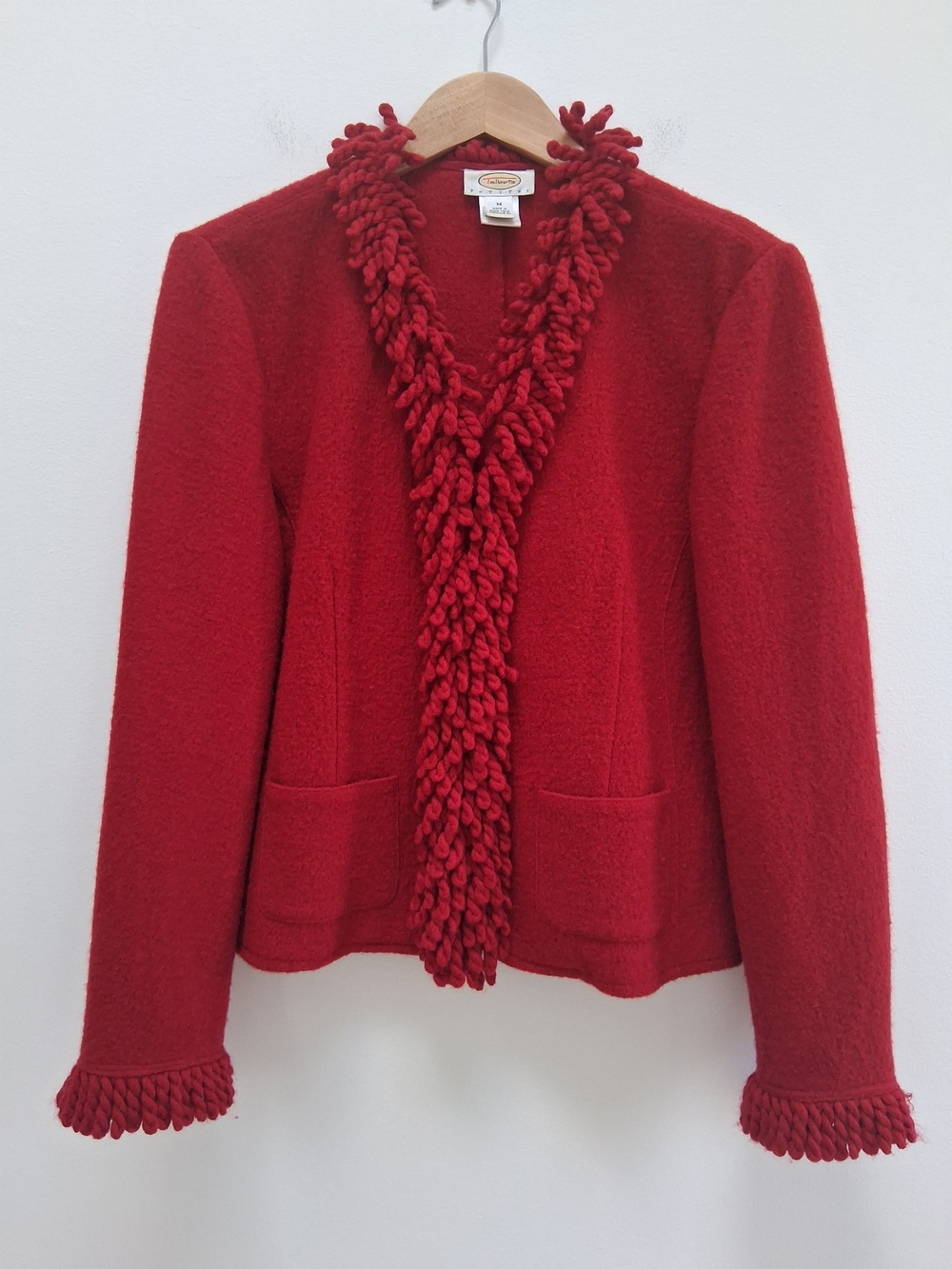 Talbots Womens' Red Boiled Wool Fringe-Trim Blazer Jacket Mediun Petite Classic
